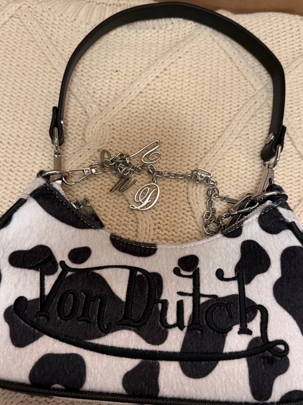 Von Dutch Black and White Cow-Print Shoulder Bag with Charm Chain